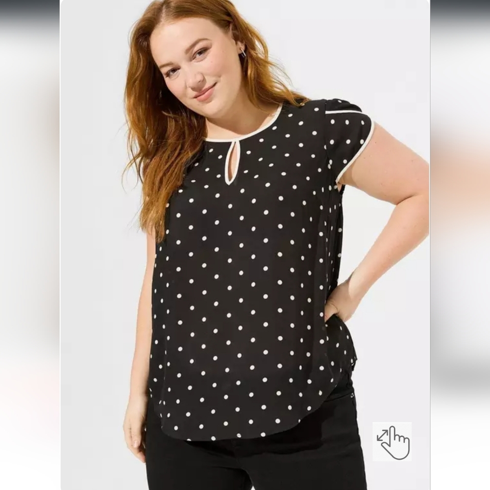 Torrid Black Polka Dot Cap Sleeve Blouse with White Trim, size 2 (2x)